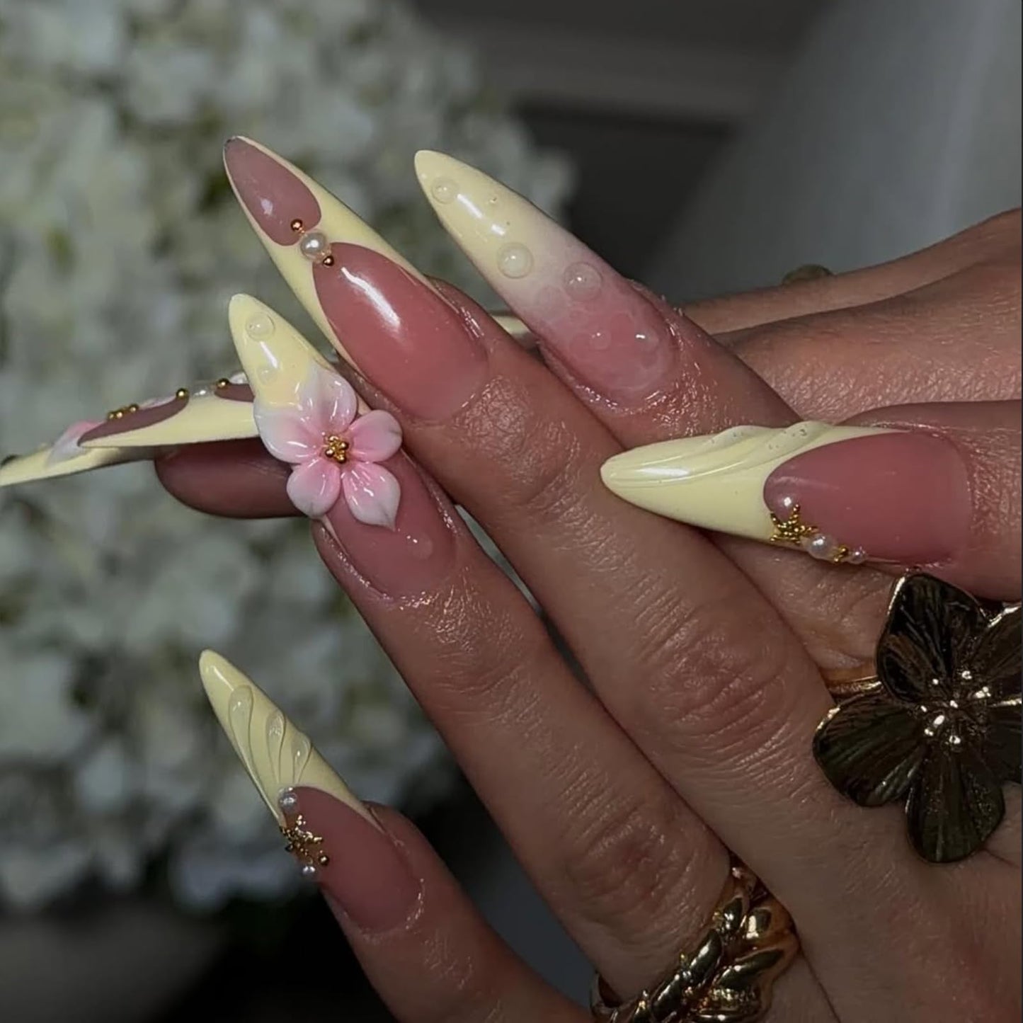 IMRAIN Almond Press on Nails, Long Fake Nails, 3D Water Drop Pink Floral Pearl Design, 24 Pcs Reusable Glue on Nails for Women, Salon Quality