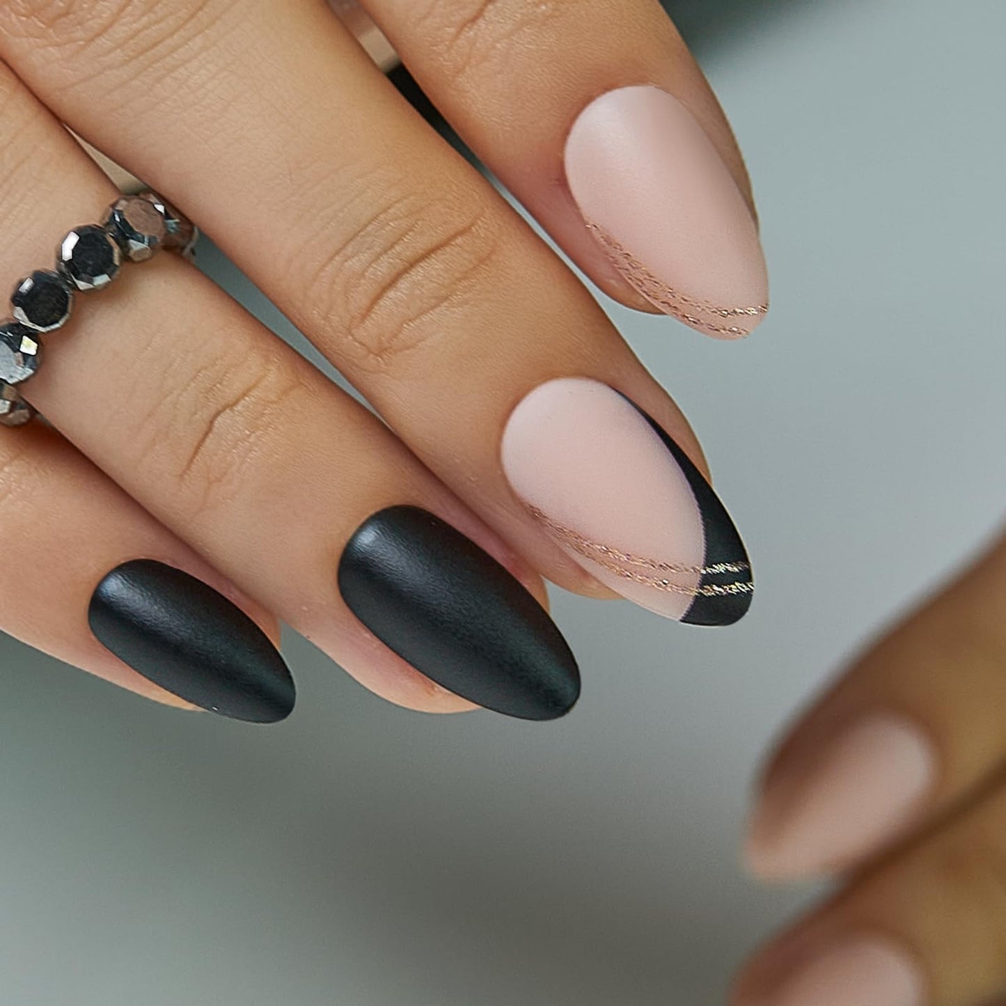 Curvlife Press On Nails Medium Almond - Black Gold French Tip Press on Nails with Glue, Medium Length Matte Black with Gold Line Border False Nails Kit for Women