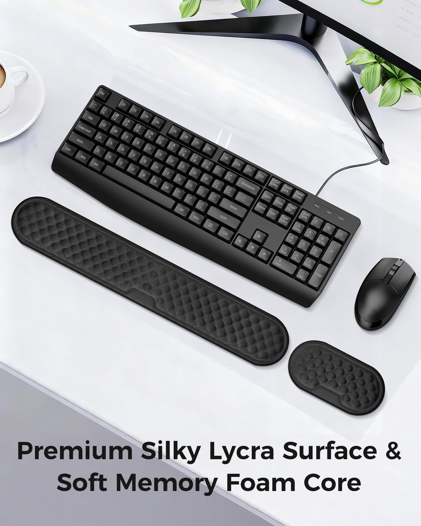 Wrist Rest Set for Keyboard and Mouse, Ergonomic Wrist Support with Memory Foam, Silky Lycra Cover, Non-Slip Base, Helps Ease Wrist Pressure and Fatigue During Long Typing and Gaming Sessions (Black)