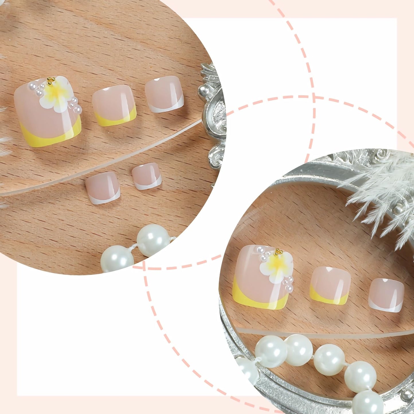 MISUD Press on Toenails - Fake Toe Nails with Flower, Acrylic Toenail Yellow French Tip Design 24 pcs