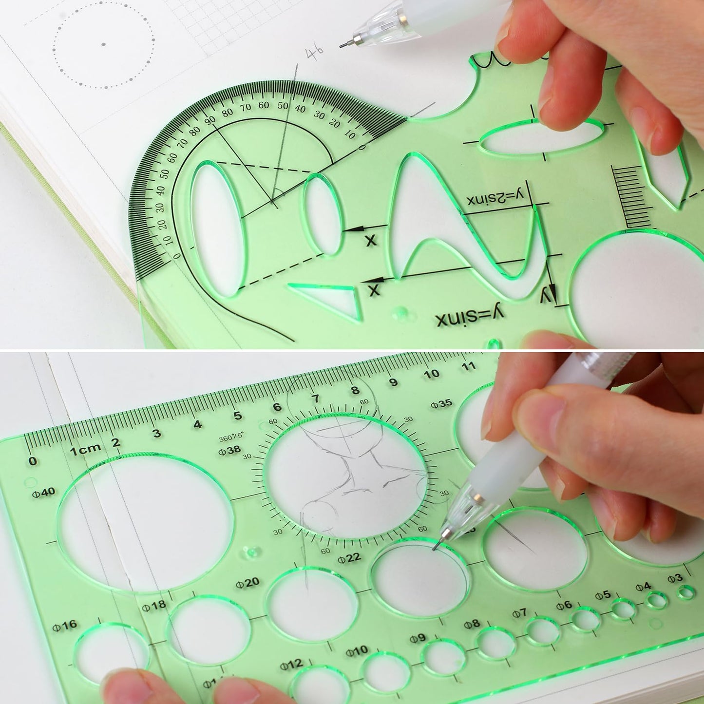 11PCS Geometric Drawings Templates, Drafting Stencils Measuring Tools, Transparent Green Plastic Ruler, for Architecture, Office, Studying, Designing