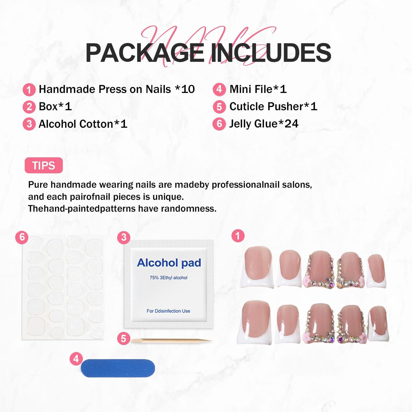 Luxury Flower Medium Duck Press on Nails Handmade Nails with 3D Flower & Rhinestone Art Design White French Thicked Short False Nails Muti-Layer Gel Handmade Nail for Women (Size S)