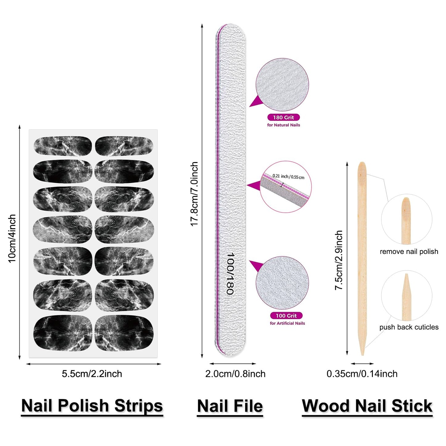 DANNEASY Black Nail Wraps Solid|Marble|French Tip Nail Polish Stickers for Women 40 Sheets, 560 Pieces, Self Adhesive Fingernail Sticker Nails with Nail File, Cuticle Stick