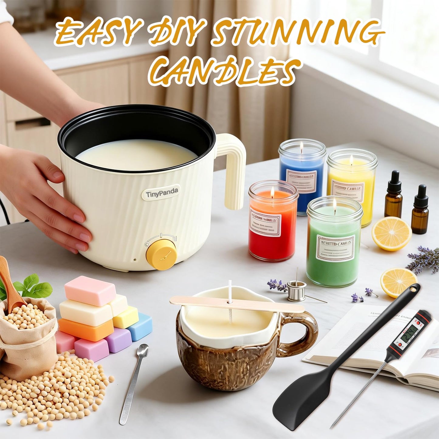 AOTOIE Wax Melter for Candle Making, Wax Melters Pot with Silicone Pouring Spout, DIY Candle Making Kit Included Centering Device, Stirring Spoon, Wicks, Wick Stickers,Wax Melter Supplies