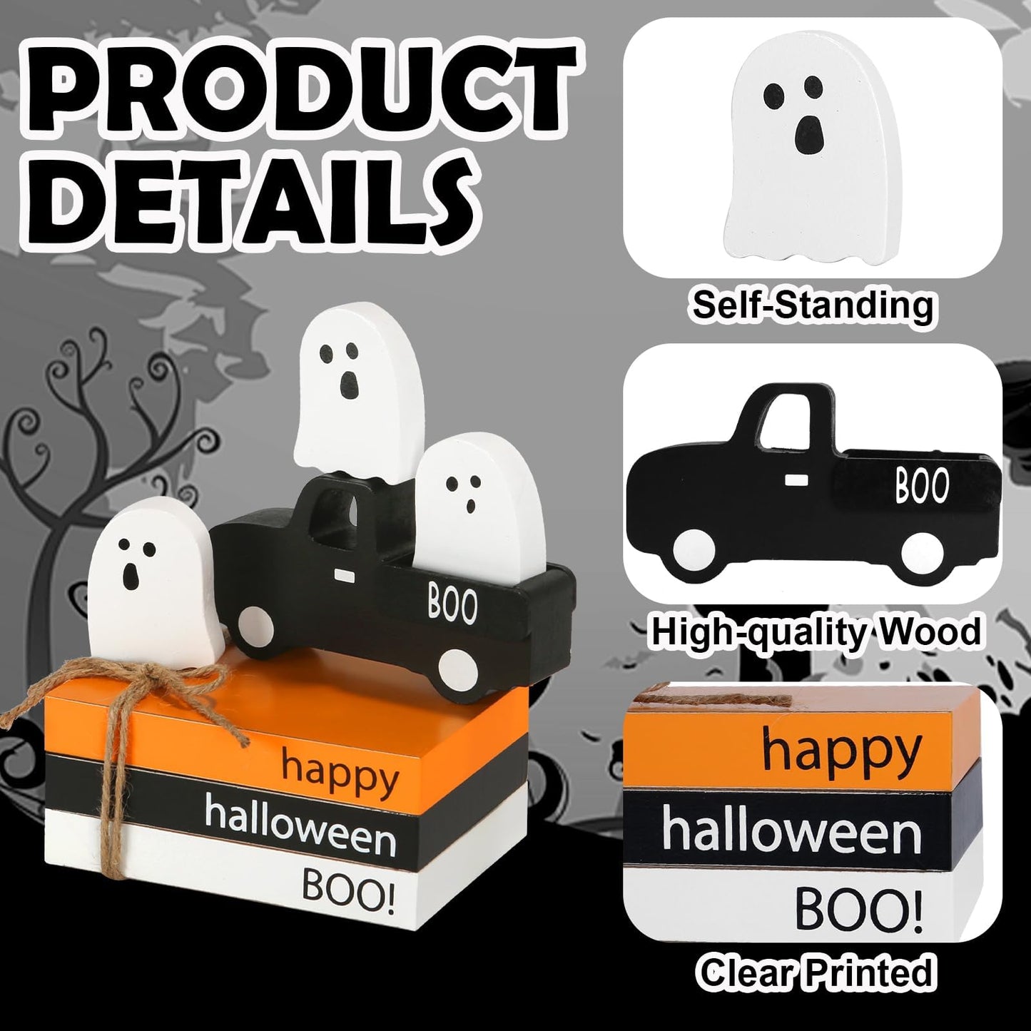 Halloween Decorations 7PCS Table Centerpieces, Cute Tabletop Halloween Decor for Tiered Tray Shelf Mantel Fire Place Office Desk Rustic Farmhouse Wood Faux Book Stack and Spooky Ghosts Sign