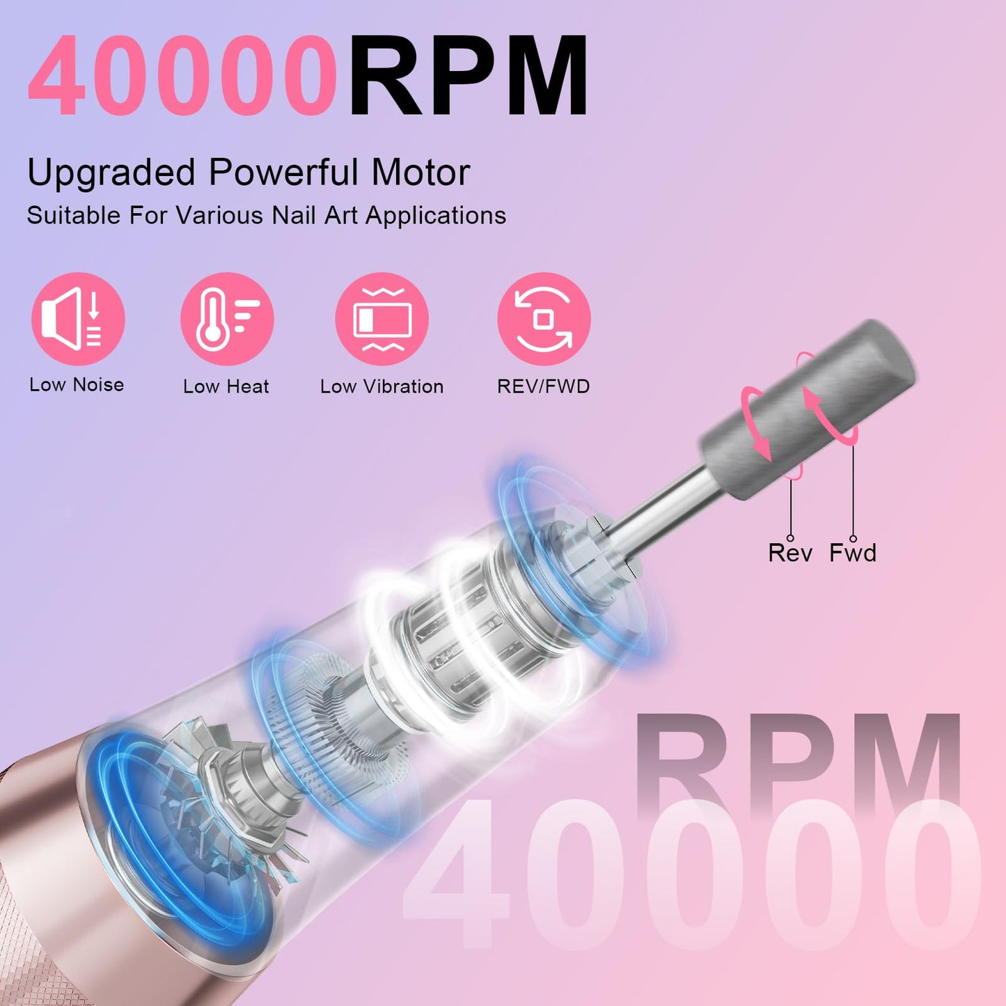 Professional Electric Nail Drill 40000RPM for Salon Home Use, Rechargeable Nail File Machine Kit with 12PCS Bits for Acrylic Gel Nails, Portable Efile Manicure Pedicure Tool (Pink Blue)
