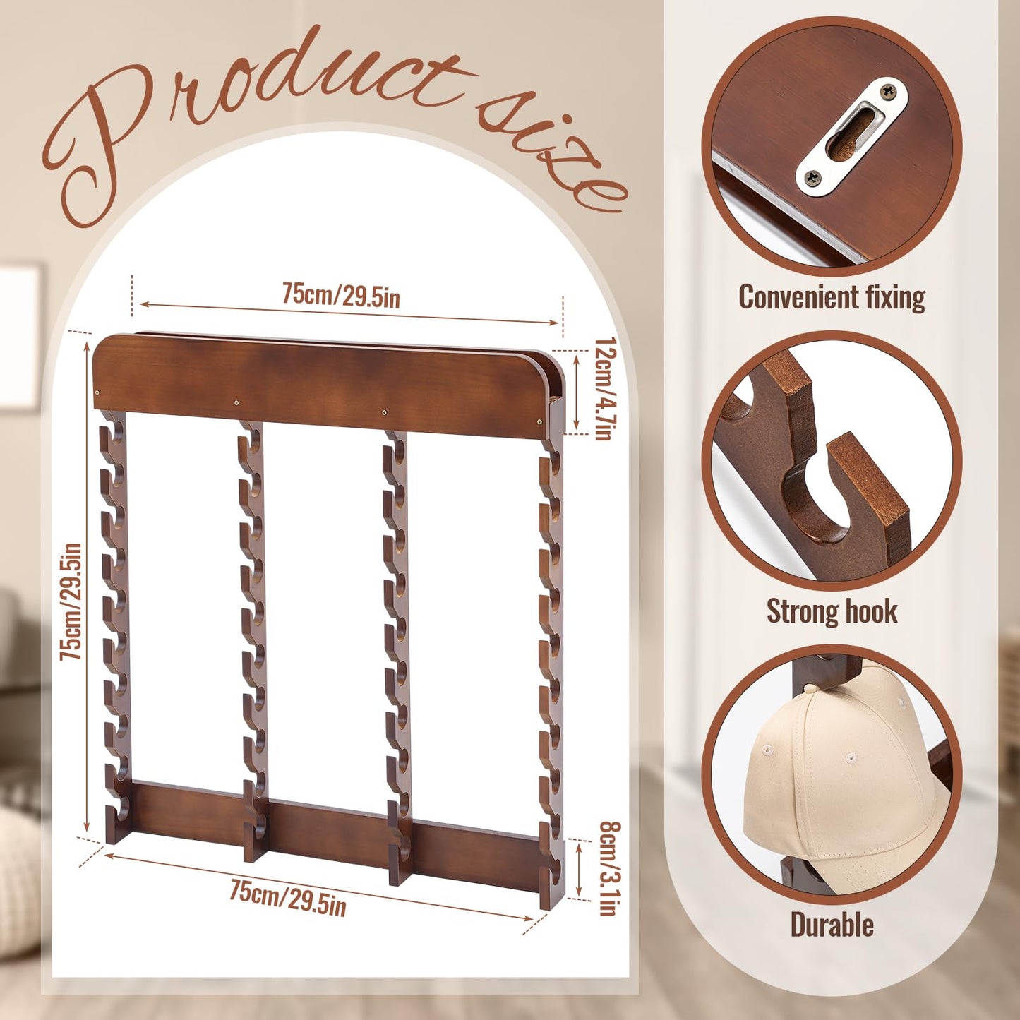 Wonderjune Wooden Hat Racks for Baseball Caps,40 Slots,Four Times,Baseball Cap Display Racks Vertical Class for Hats,Hat Organizer Wood Cap Hanger for Bedroom,Living Room,Entryway,Brown