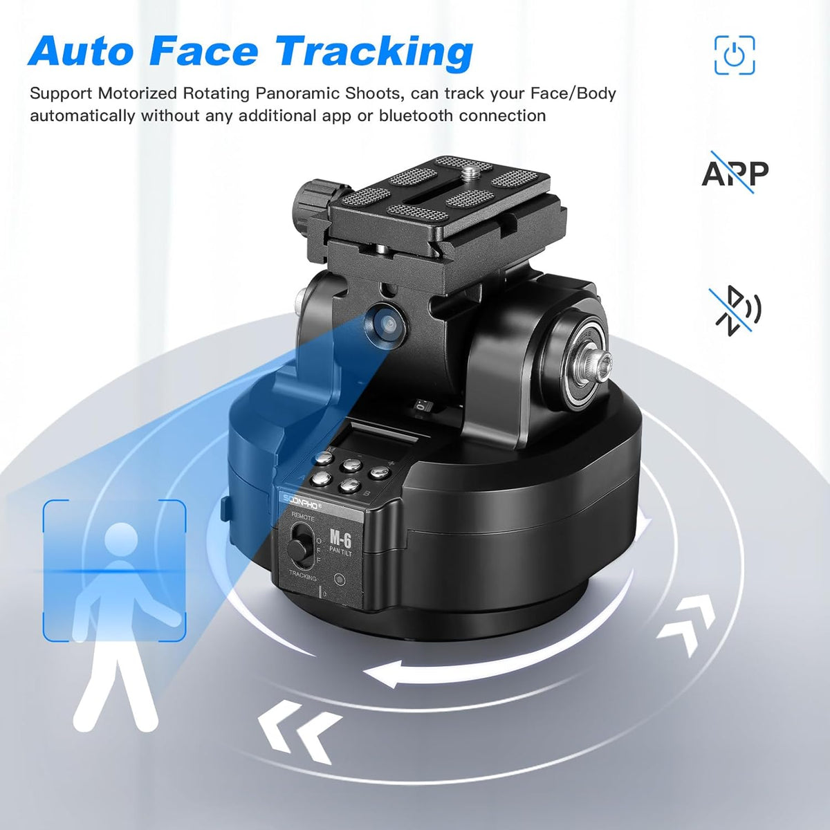 Soonpho M6 Auto Face Tracking Motorized Rotating Panoramic Tripod Head, Remote Control 360° Pan Tilt Head with Mobile Phone Clip for DSLR Cameras, Camcorders, Smartphones, Tripod