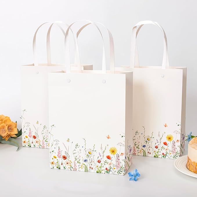 Crisky Paper Gift Bags with Handles, 12 Pack Wildflower Floral Gift Bags Medium Size for Wedding, Bridal Shower Gifts Bag, Baby Shower Party Favor, 10"x8"x4"