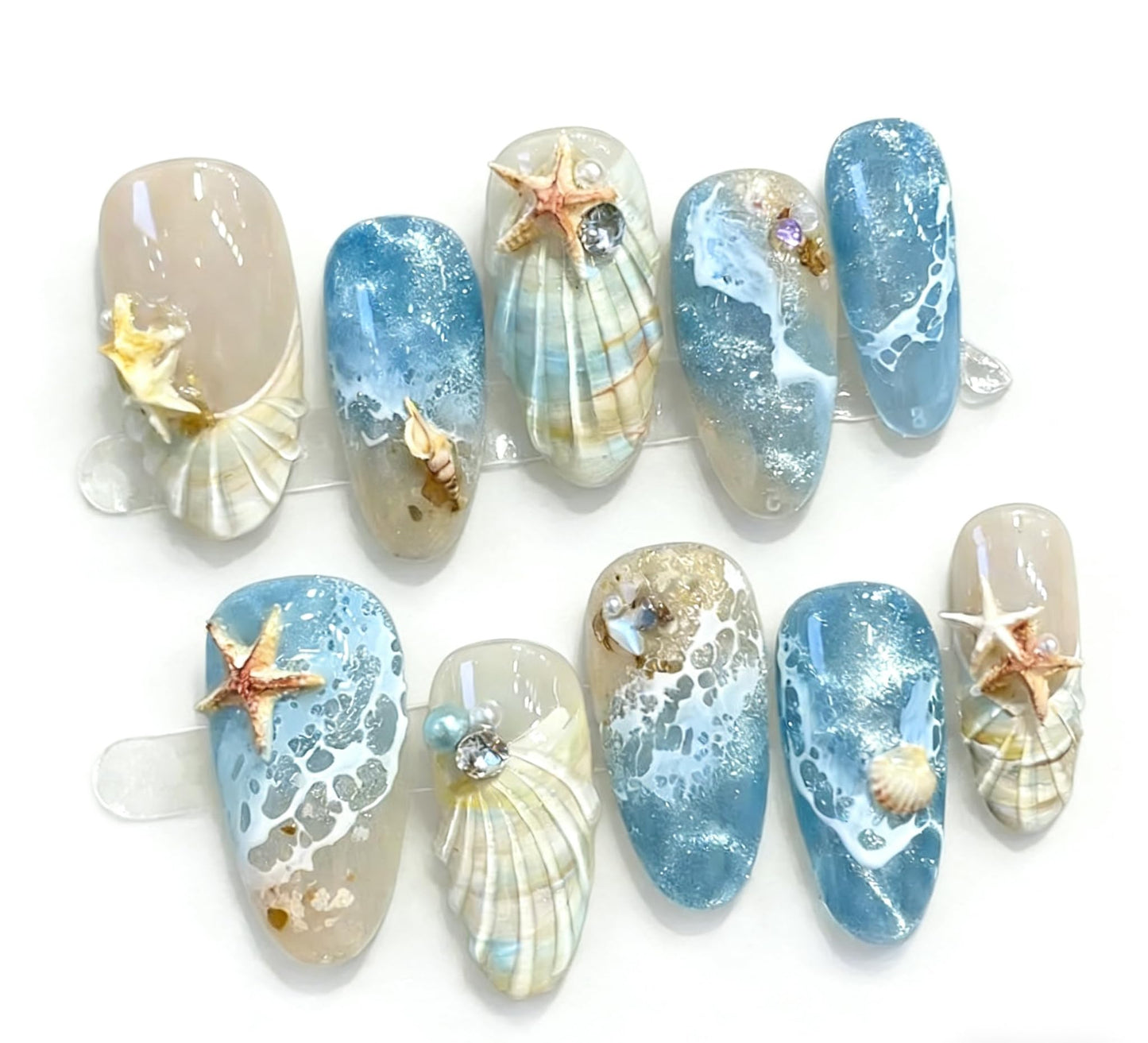 Thrivingbyday 30pcs Reusable Fake Nails,Ocean Theme Press on Nails, Starfish & Seashell 3D Design, Blue Marble & Sandy Texture, Full Cover False Nails with Glue and Adhesive Tabs, Easy to Apply