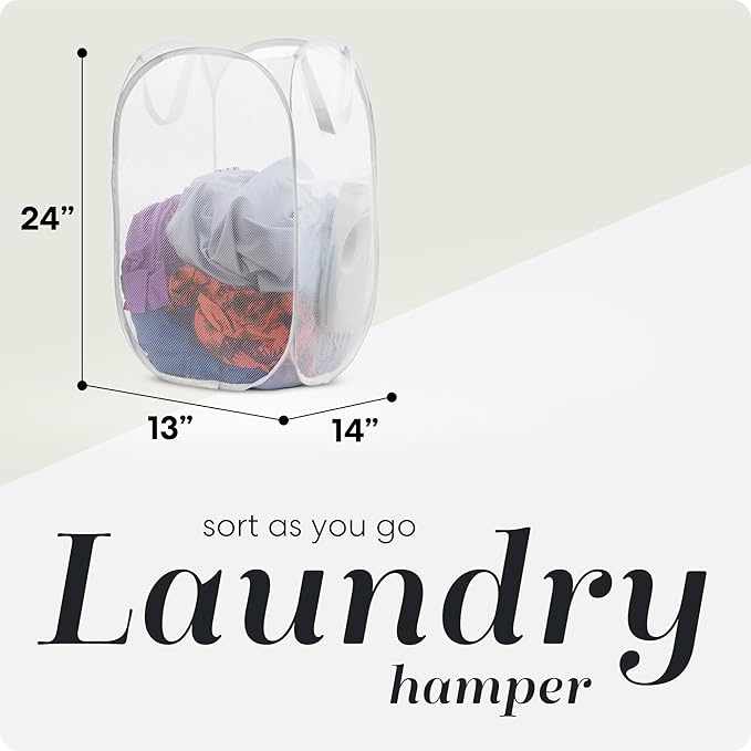 Handy Laundry Collapsible Mesh Pop Up Hamper with Wide Opening and Side Pocket - Breathable, Sturdy, Foldable, and Space-Saving Design for Clothes and Storage (White | 2-Pack)