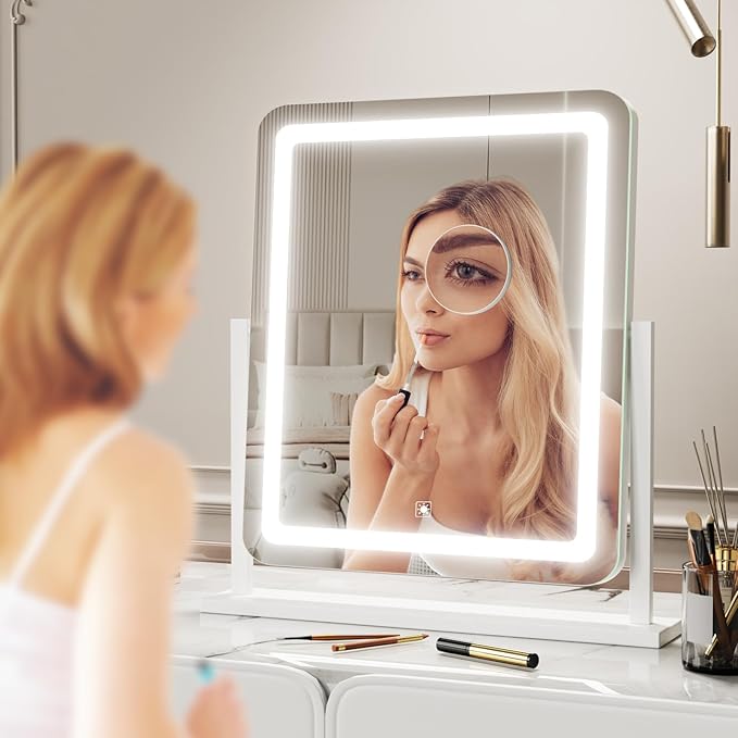 Lighted Makeup Mirror, Hollywood Vanity Mirror with Lights, Three Color Lighting Modes, and 5X Magnification Mirror, Smart Touch Control, 360°Rotation (17.2in. White)