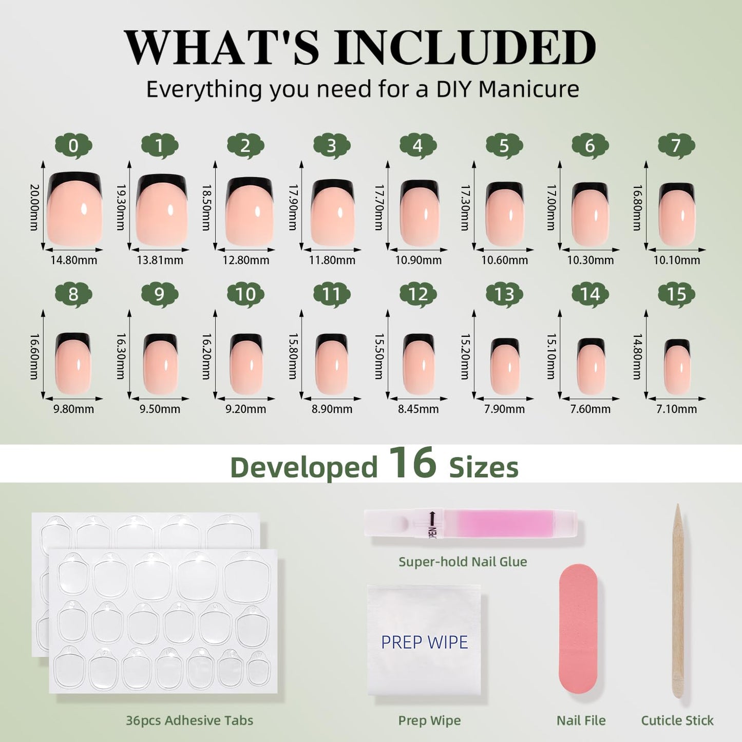 Black French Tip Press On Nails Square- Black Short Fake Nails, Square Press On Nails Reusable Stick On Nails in 16 Sizes, 32pcs False Nail Kit for Women & Girls
