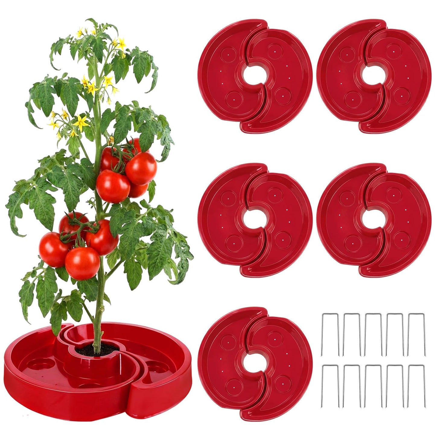 5 Sets Tomato Watering Trays, Surrounding Red Tomato Automator Tray, Root Irrigation Trays for Vegetables, Reduce Runoff, Weed Control, Boost Growth for Tomatoes, Peppers & Garden Veggies
