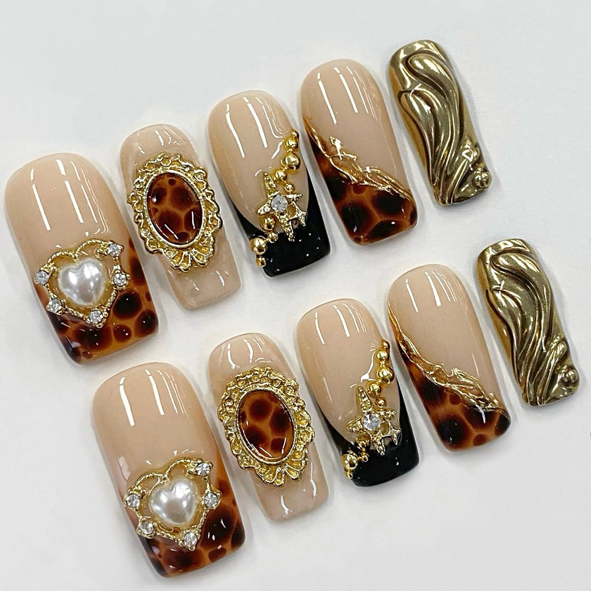plalely Press on Nails French Tip, Handmade Acrylic Press on French Tip Nails with Flower Designs，Long Square Nail Press Ons for Women 24pcs