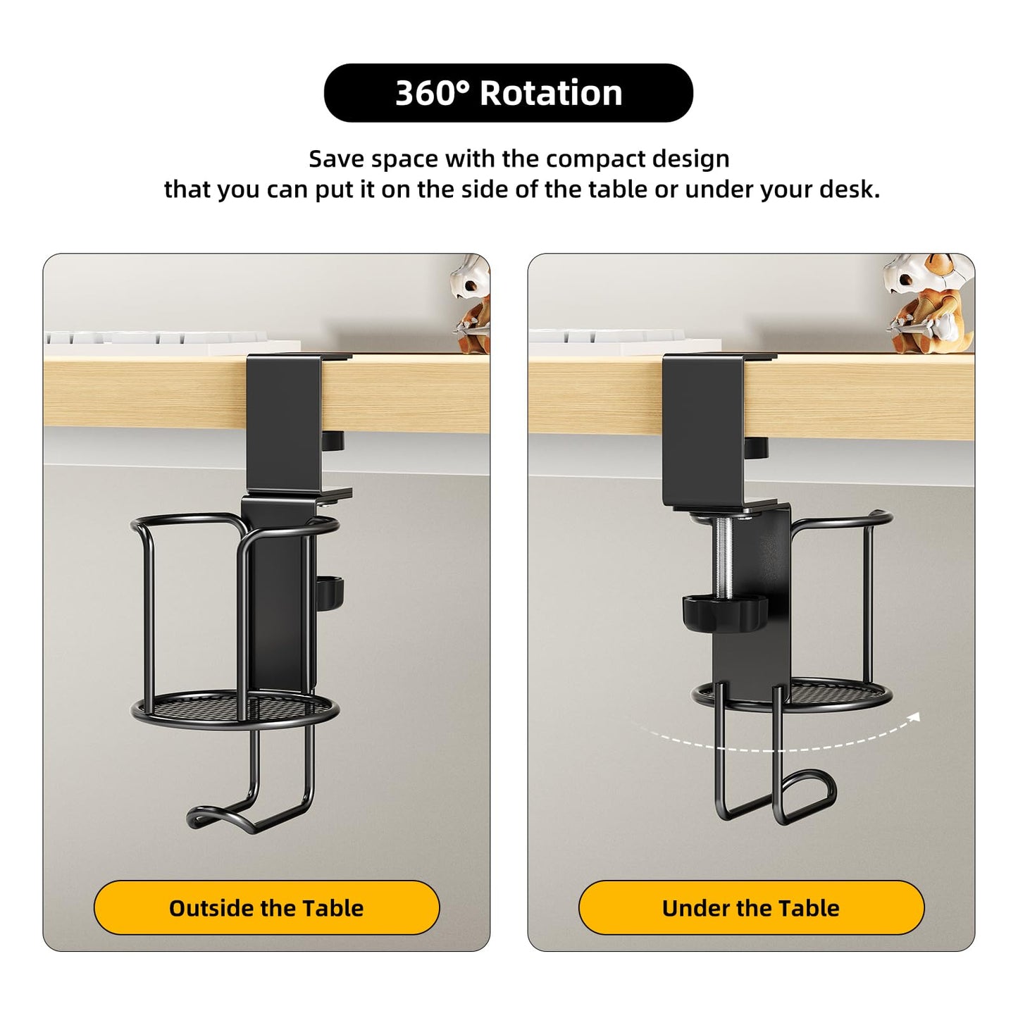 CABTE 2 Pack 2 in 1 Desk Mug Hooks with Headphone Hanger Holder, Anti-Spill Clip-On Table Mug Hooks with 360° Rotation for Lawn Chair, Office Home Gaming Table