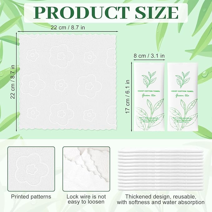 Moist Cotton Towel Bulk Moist Towelettes Individually Wrapped,White Towel Services,Refreshment Pre Moistened Towels for Dentist Travel Sport Party Hotel 100，Green tea
