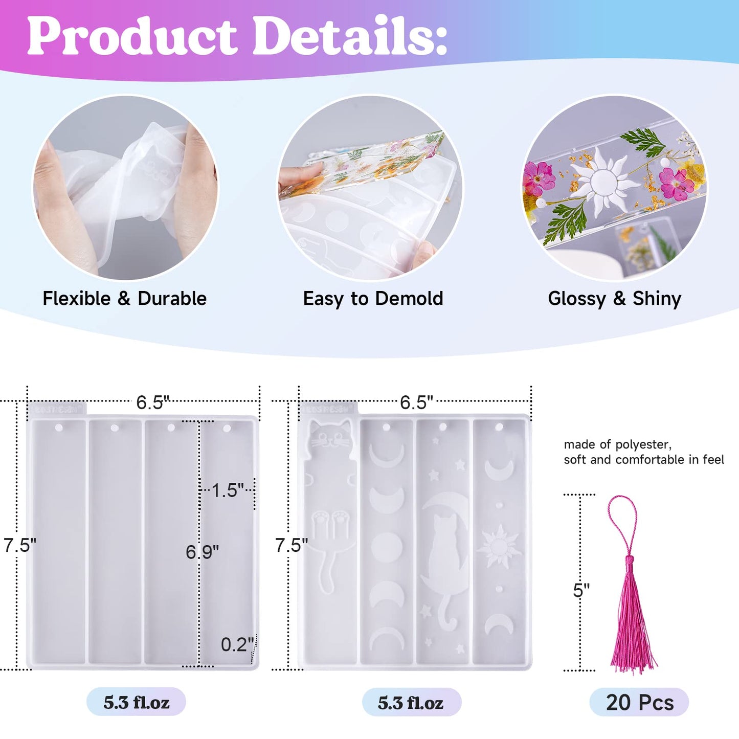 LET'S RESIN Bookmark Resin Molds Silicone 1.5'' Wide, Blank and Cat Moon Pattern Silicone Bookmarks Molds Kit with 20pcs Tassels, Rectangle Bookmark Molds for Epoxy Resin Casting Crafts