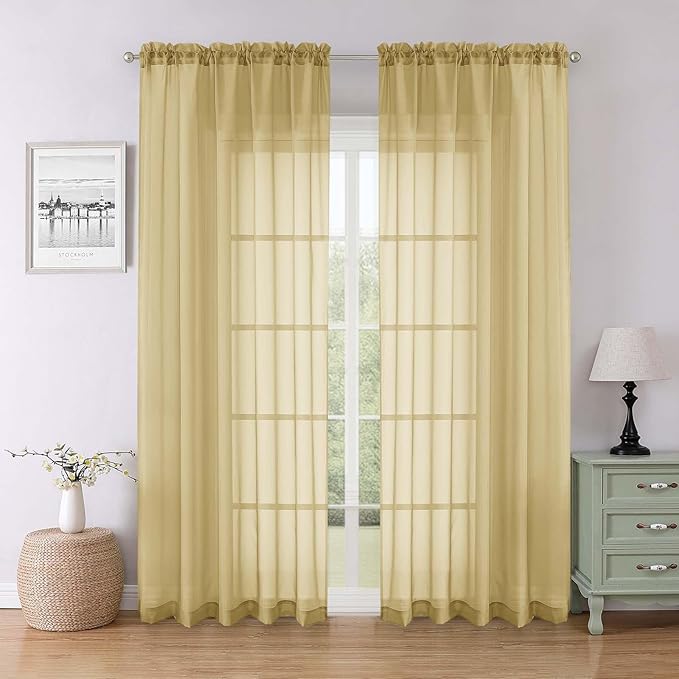 Lecloud Gold Sheer Curtains for Bedroom 84 Inches Long 2 Pcs, Light Filtering Airy Voile Window Curtains for Living Room, Modern Farmhouse Decor Dual Rod Pocket Drapes, Each Panel 59" W x 84" L