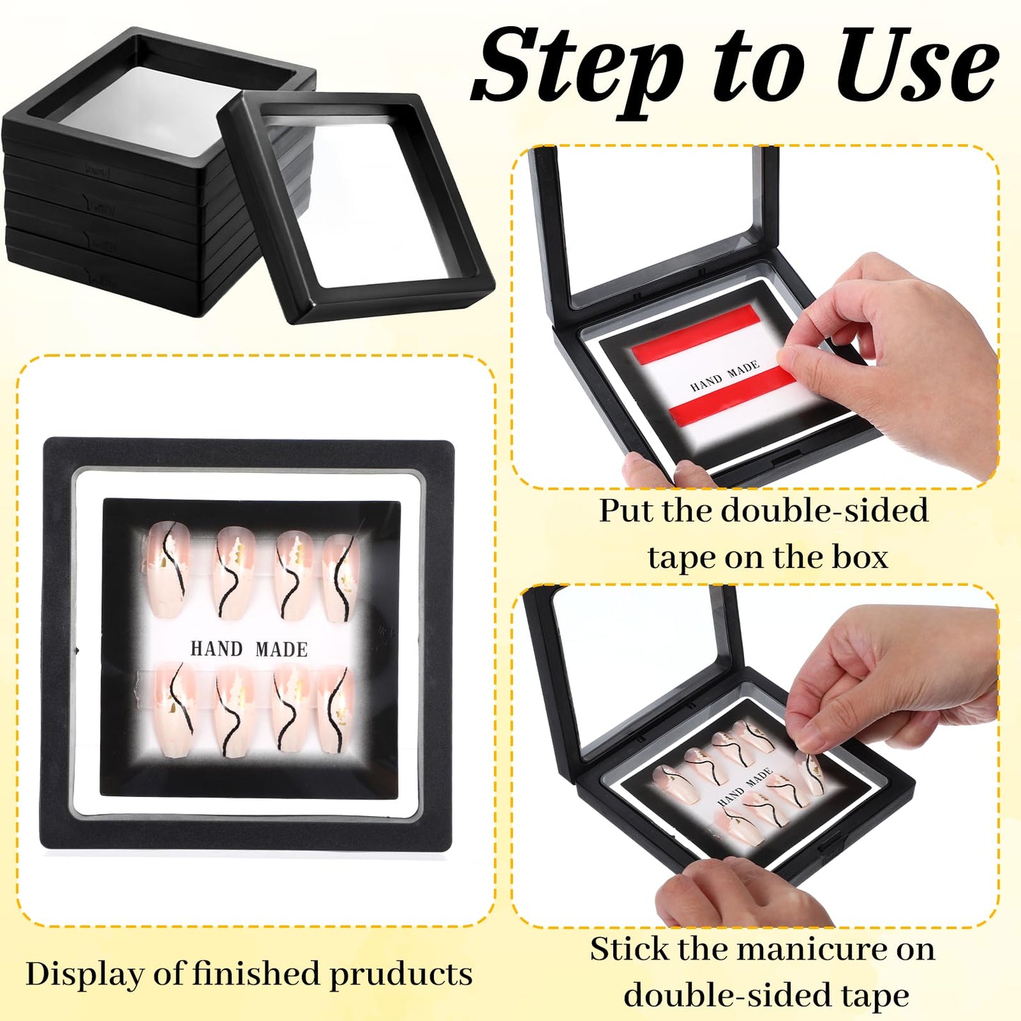 30 Pcs Press on Nail Packaging Box Set with 90 Adhesive Tapes, 3D Floating Display Case Storage Container for Artificial Nails and Jewelry Accessories (Black)