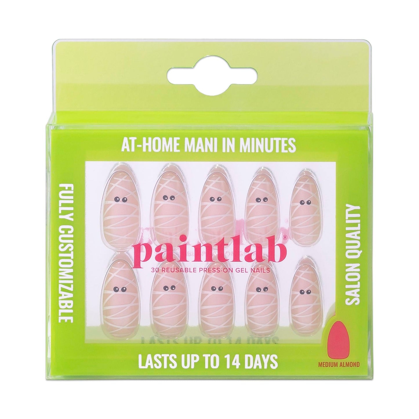 PaintLab Press On Nails - Mummy Glaze Halloween Almond Fake Nails, 30 Nails in 15 Sizes with Glue, Reusable Salon Quality Press On Nails