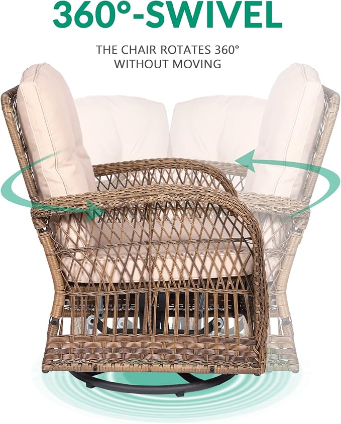 VIVIJASON 3-Piece Outdoor Conversation Bistro Set, Patio Swivel Glider Rocking Chairs Rattan Furniture Sets w/ 2 Rattan Chairs, Cushions, Glass Top Side Table for Porch Backyard, Light Brown