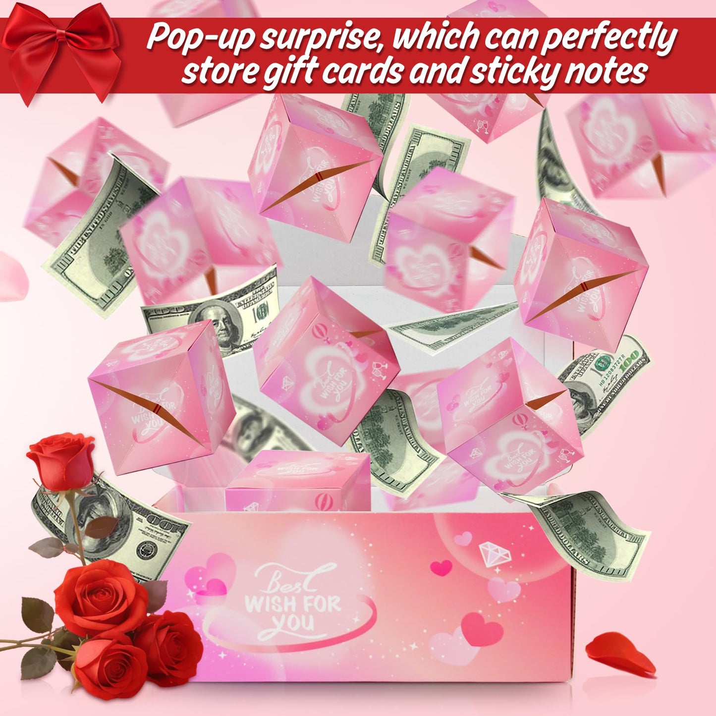 NefosLeuki Surprise Gift Box Explosion for Money,Valentines Pop-Up Explosion Gifts Box,Folding Bounce Box for Valentine's Day,Birthday,Anniversary(Pink-20 Bounces)