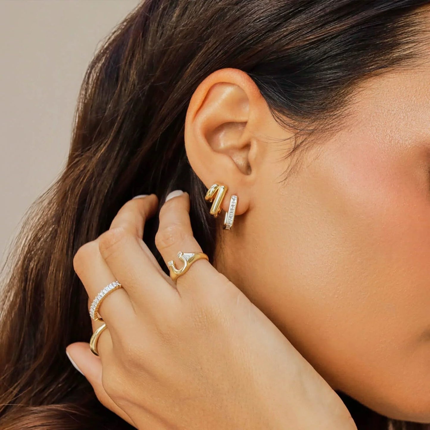 Obidos 14K Gold Plated Double Huggie Hoop Earrings for One Hole | Illusion Stud Earrings for Women | Trendy Simple Hypoallergenic Fashion Accessories Gold Jewelry Gifts for Womens (Double Hoops - Yellow Gold)
