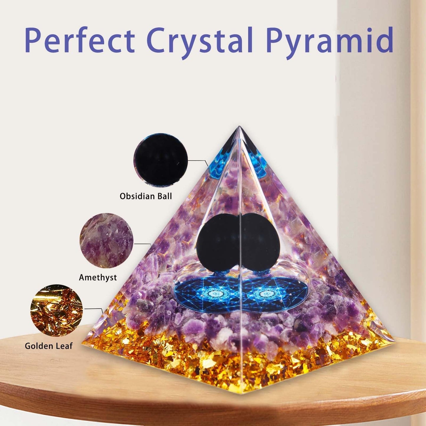 Crystal Pyramid, Obsidian & Amethyst Healing Crystal Pyramid Porstive Energy Generator, Natural Crystals Energy Pyramid for Attract Wealth Success and Lucky