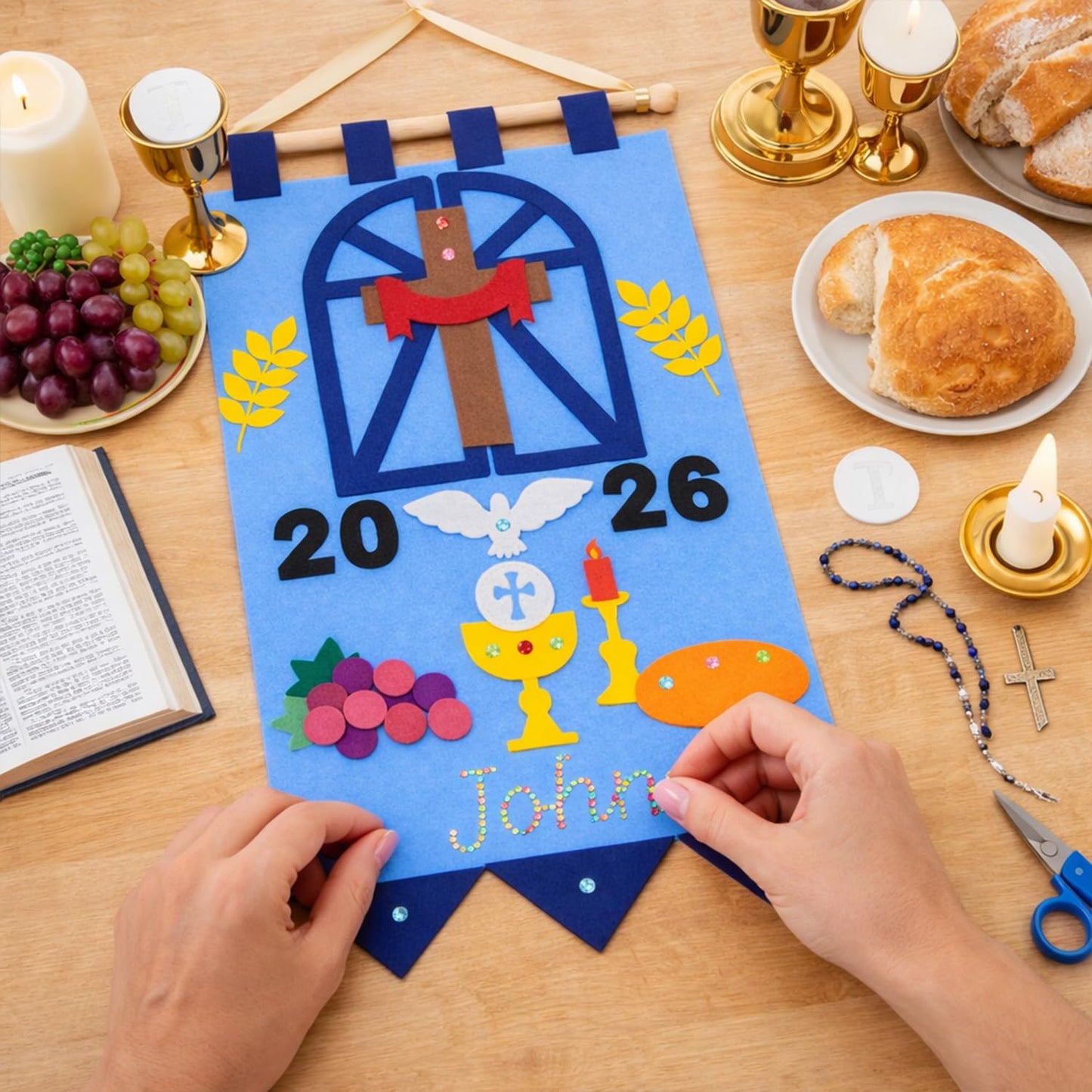 DIY First Communion Felt Banner Kit 9 x 12 Inch First Holy Communion Banner with Diamond Gem Stickers for Kids Sunday School Church Activity Baptism Party Decoration
