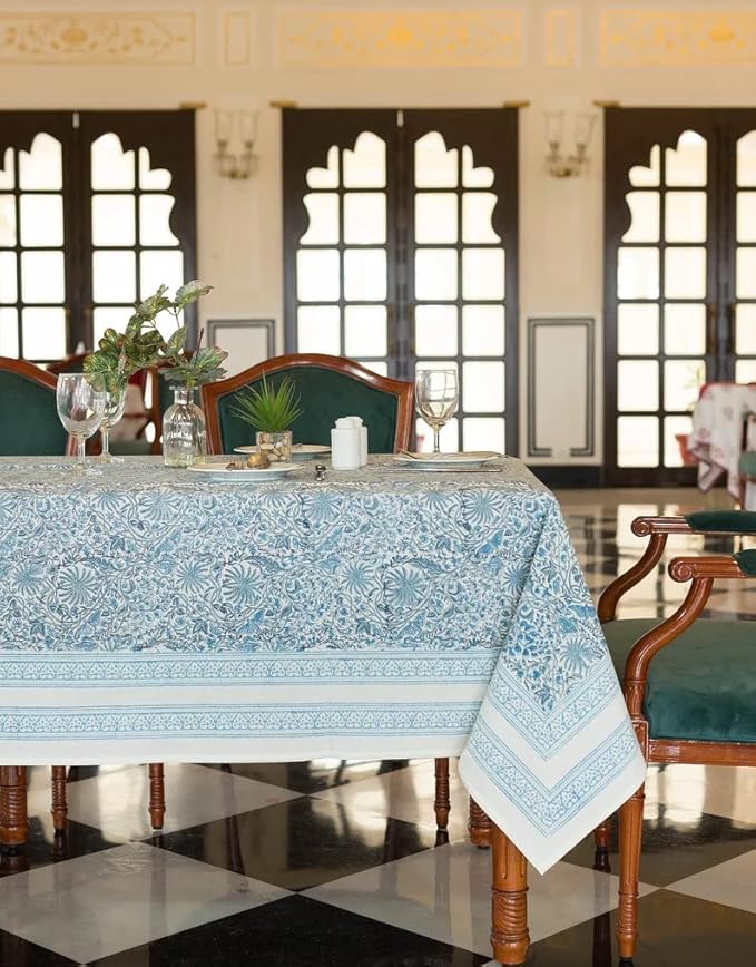 Labhanshi Indian Handblock Print Table Cloth|Cotton Floral 60x90 Inch Rectangle 6-Seater Patio Table Cover for Event, Wedding, Banquet & Parties|Washable Spring Easter Home Decor|Blue Butterfly