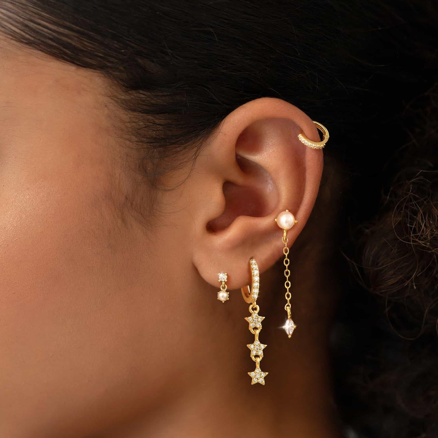 Moodear Dainty Pearl Drop Hoop Earrings for Women - Trendy Stud 14K Gold Plated Dangle Chain Baroque Pearls Hypoallergenic Earring Sets for Multiple Piercing