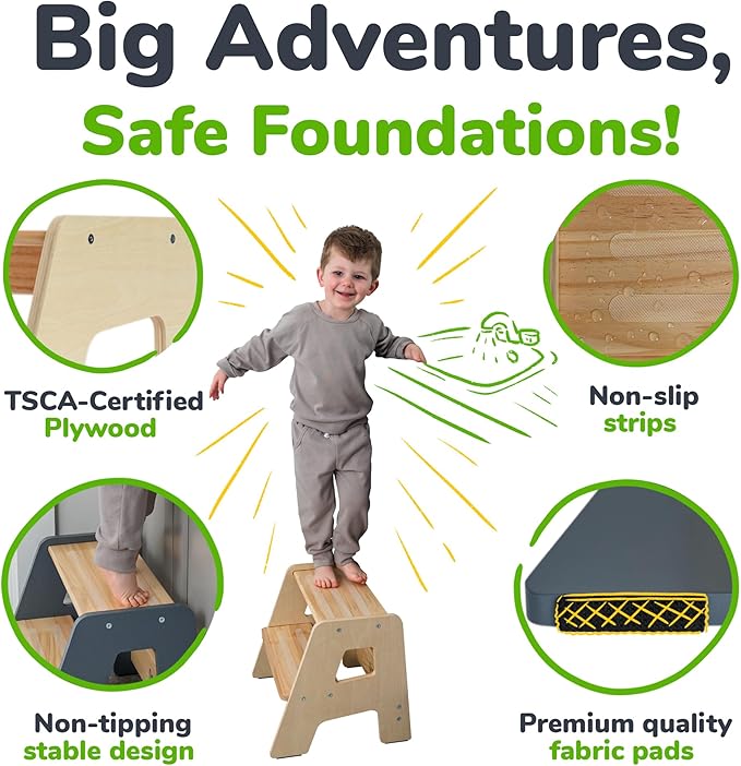 OCODILE 2-Step Wooden Step Stool for Toddlers | Kids Stool for Bathroom Sink & Kitchen Use | Non-Slip Step | Wooden Stool for Children Ages 2+ Years Varnished