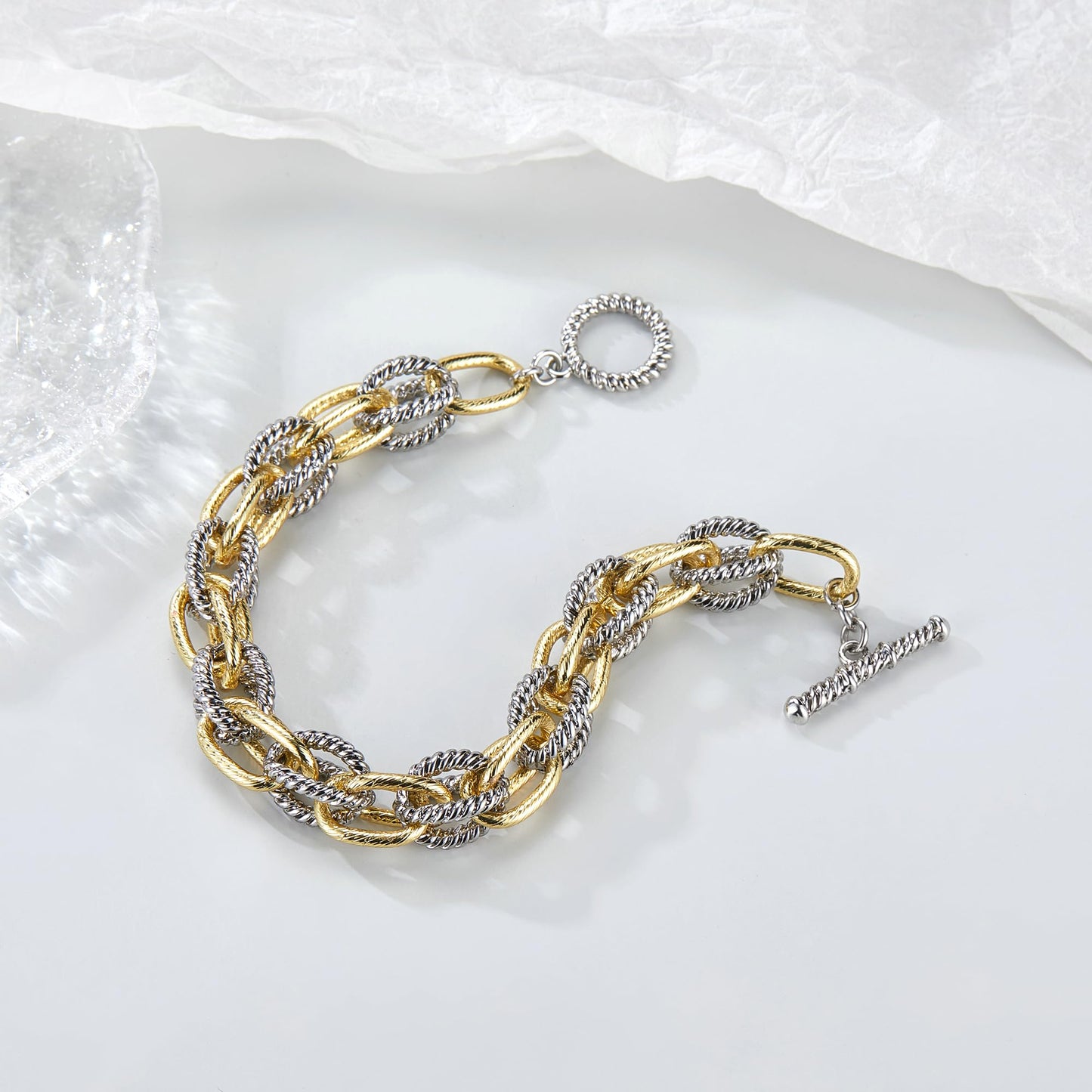Mytys Link Bracelet for Women 2 tone Circles Chain Silver and Gold Wire Cable Bangle Designer Inspired Bracelets (Gold & Silver 6)