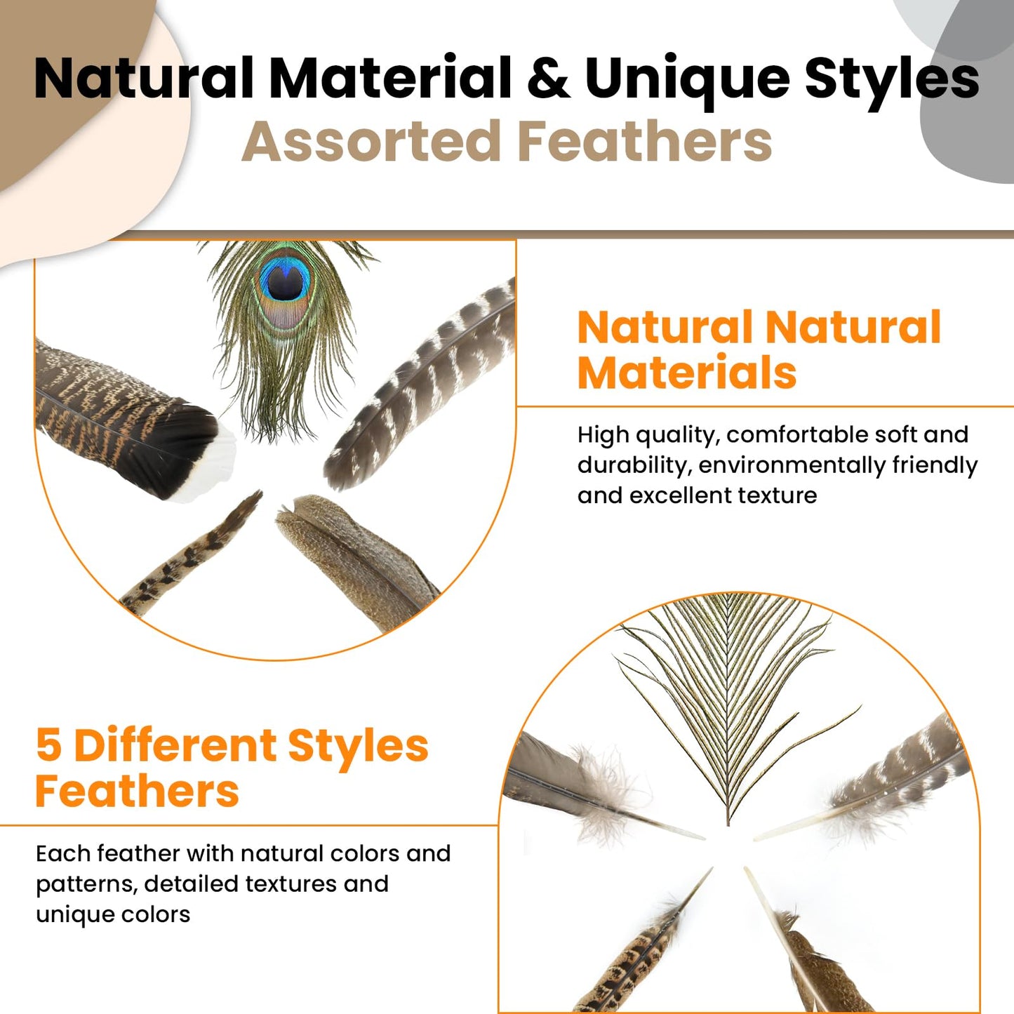 MARRTEUM 5 Style 10-12 Inch Natural Feathers, 20 Pcs Large Assorted Mixed Spotted Pheasant Peacock Turkey Feathers Decorative Bulk for DIY Crafts, Vase, Hat, Clothing, Wedding, Home, Party Decoration