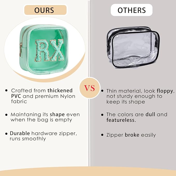 Small Chenille Letter Clear Medicine Makeup Bags,Nylon PVC Waterproof Rx Pouch with Metal Zipper, Cute Drug First Aid Travel Organizer for Women Girls(01Mint)