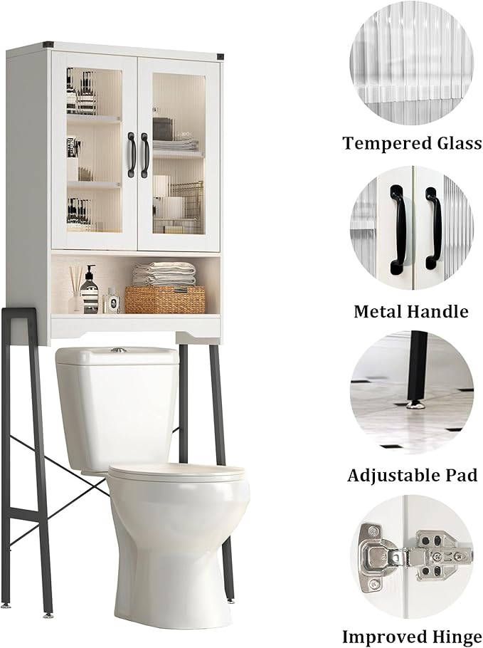 Over The Toilet Storage Cabinet with Tempered Glass Doors & Metal Stand, Over Toilet Organizer with Adjustable Shelf Space Saver Over Toilet , Tall Freestanding Shelf/Rack for Bathroom, Modern, White