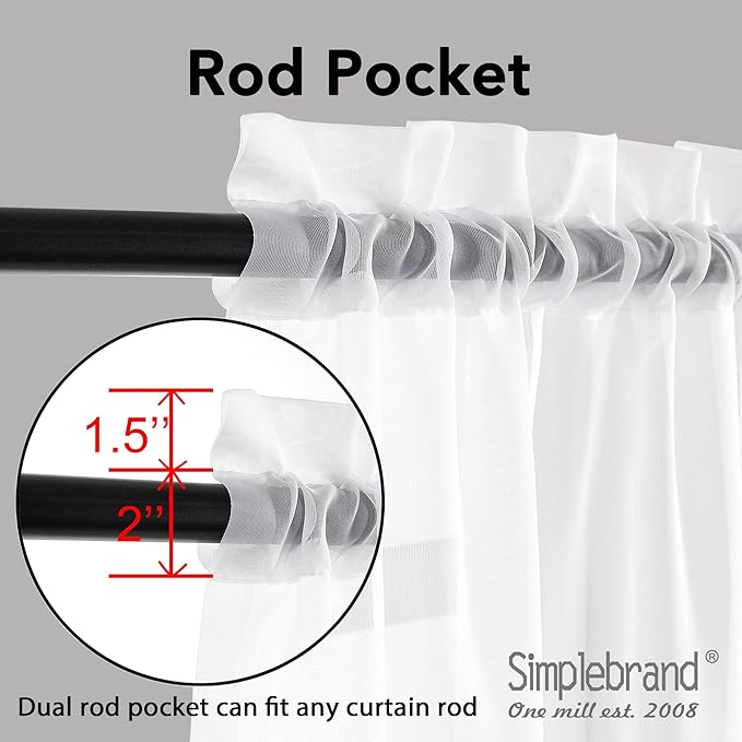 Simplebrand Sheer White Curtains 63 Inch Length 2 Panels, Rod Pocket Solid Color Window Sheer Curtain Panels, Elegant Curtains & Drapes for Living Room, Bedroom 2 Panels (White, 42" W x 63" L)