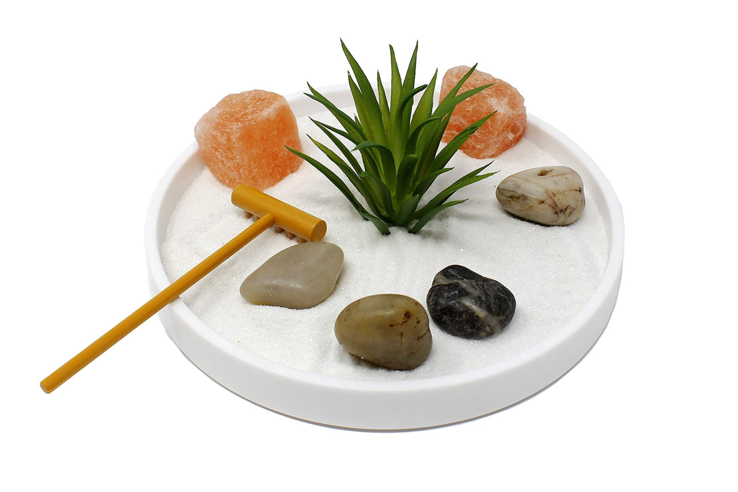 Nature's Mark Mini Zen Garden Kit for Desk with White Sand, Rake, White Base, Salt Rock and Air Plant (Round)