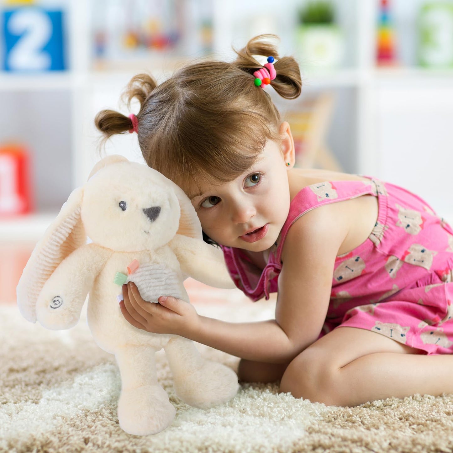 Linzy 10" Bunny Stroller Toy – Soft Bunny Plush Baby Toy with LED Night Light & Lullaby Music, Birthday Christmas for Newborns Toddlers Kids