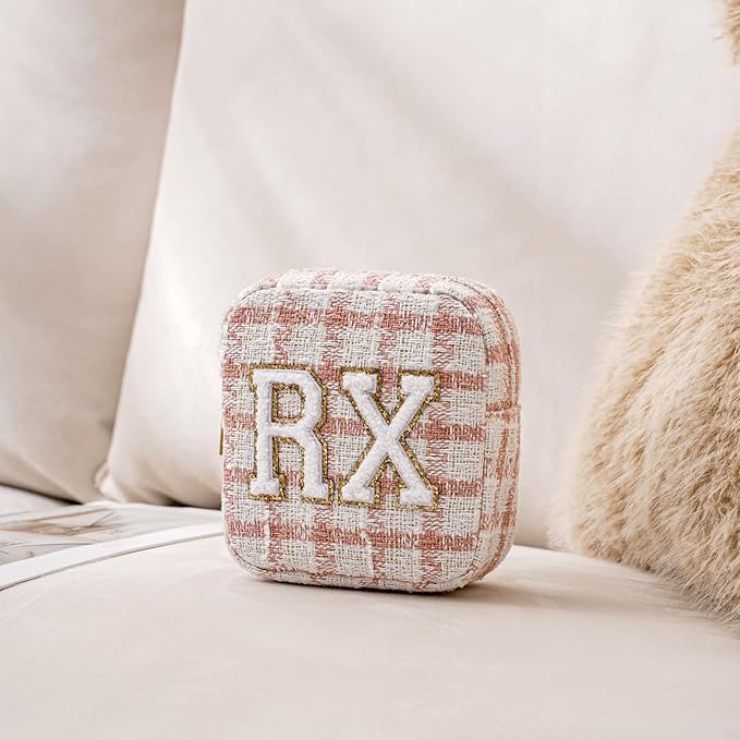 Small Medicine Bag for Travel, Personalized RX Chenille Letters Checkered Pouch for Women and Girls, Cute Meds Drug Makeup Bags with Zipper (02Pink Checkered)