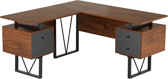 Techni Mobili Reversible L Shaped Desk with File Cabinet and Drawers 59” W – Modern Versatile L Shaped Office Desk with Drawers and File Cabinet - Brown