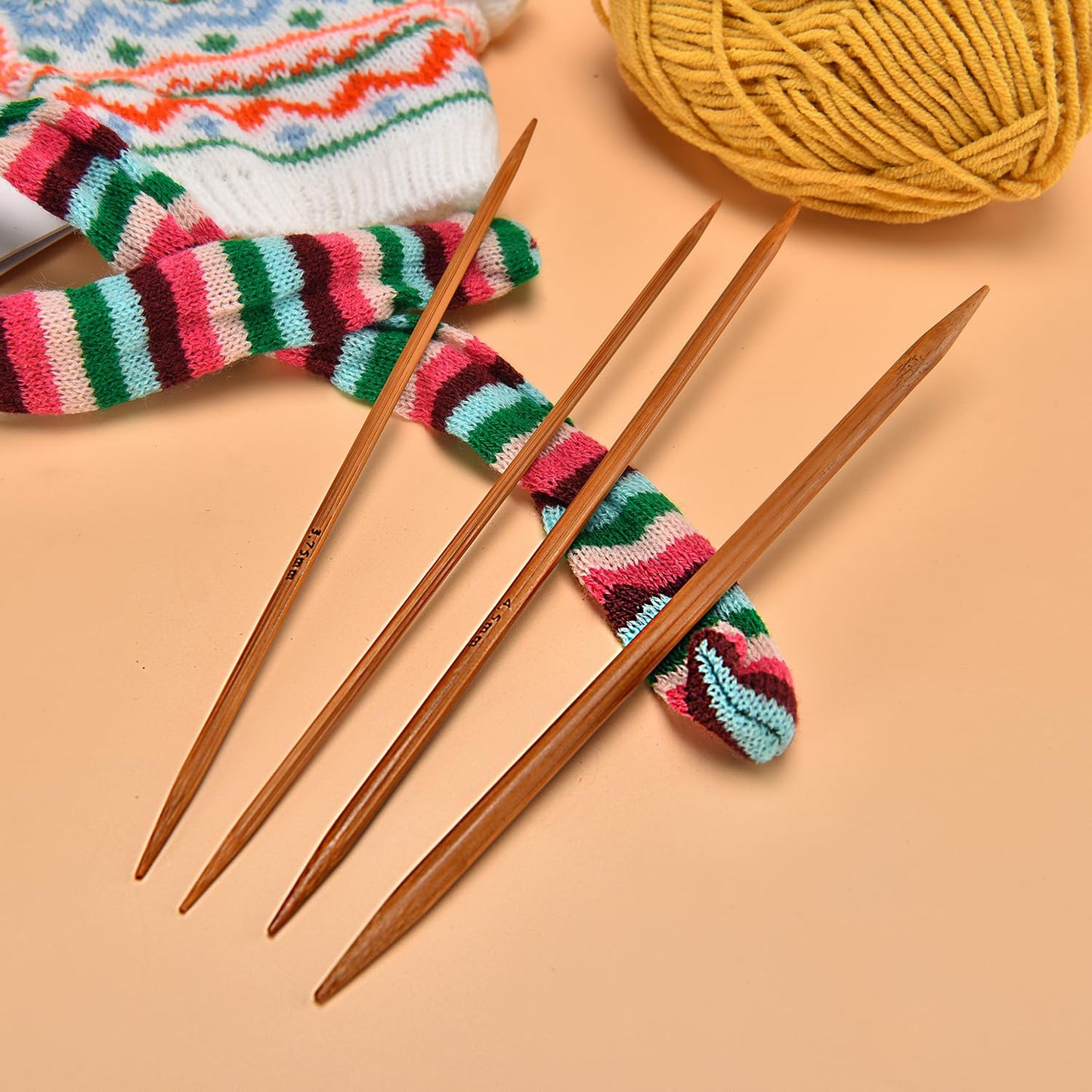 Double Pointed Knitting Needles Set,75 Pcs Wooden Bamboo Knitting Needles Kit,15 Sizes from 2.0mm-10.0mm,with Small Tools,Straight Wood Needles for Beginners,Making Sweater,Scarf,Sock,Weave