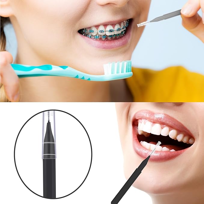 Patelai 100 Pieces Braces Brush for Cleaner Interdental Brush Toothpick Dental Tooth Flossing Head Oral Dental Hygiene Flosser Toothpick Cleaners Tooth Cleaning Tool (Black, Grey,Yellow,Various Sizes)