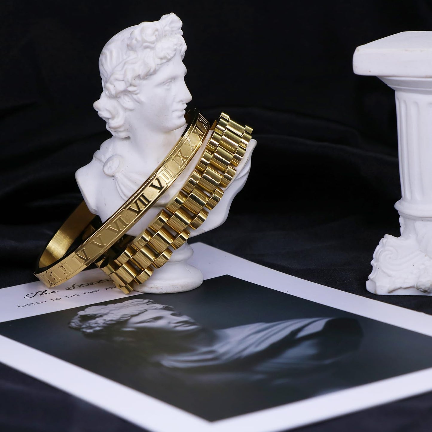 Jarlinwel Gold Silver Plated Bracelets for Men Women Roman Numeral Bangle Bracelet Stainless Steel Personalized Engraved Unisex Gift (2 Pcs Women Gold Strap Bracelet)
