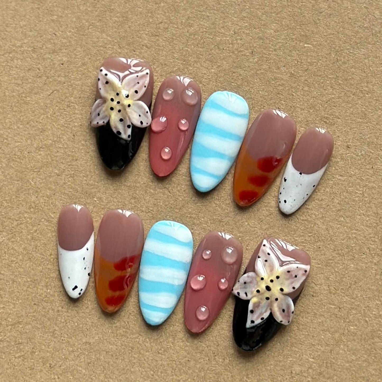 Luxury Press on Nails Medium Almond Handmade 3D Unique Reusable ABS Material Fake Nails French Tip False Nails with Designs Flower Water Drop Art Petal Glossy Glue onThick Acrylic Nails(M)