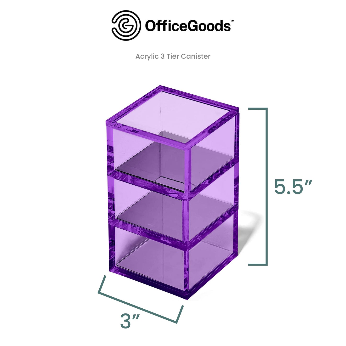 OfficeGoods 3-Tier Stackable Acrylic Holder- Stylish Desk Organizer and Storage for Office or Home – Transparent Square Design, Purple with Silver Metal Base