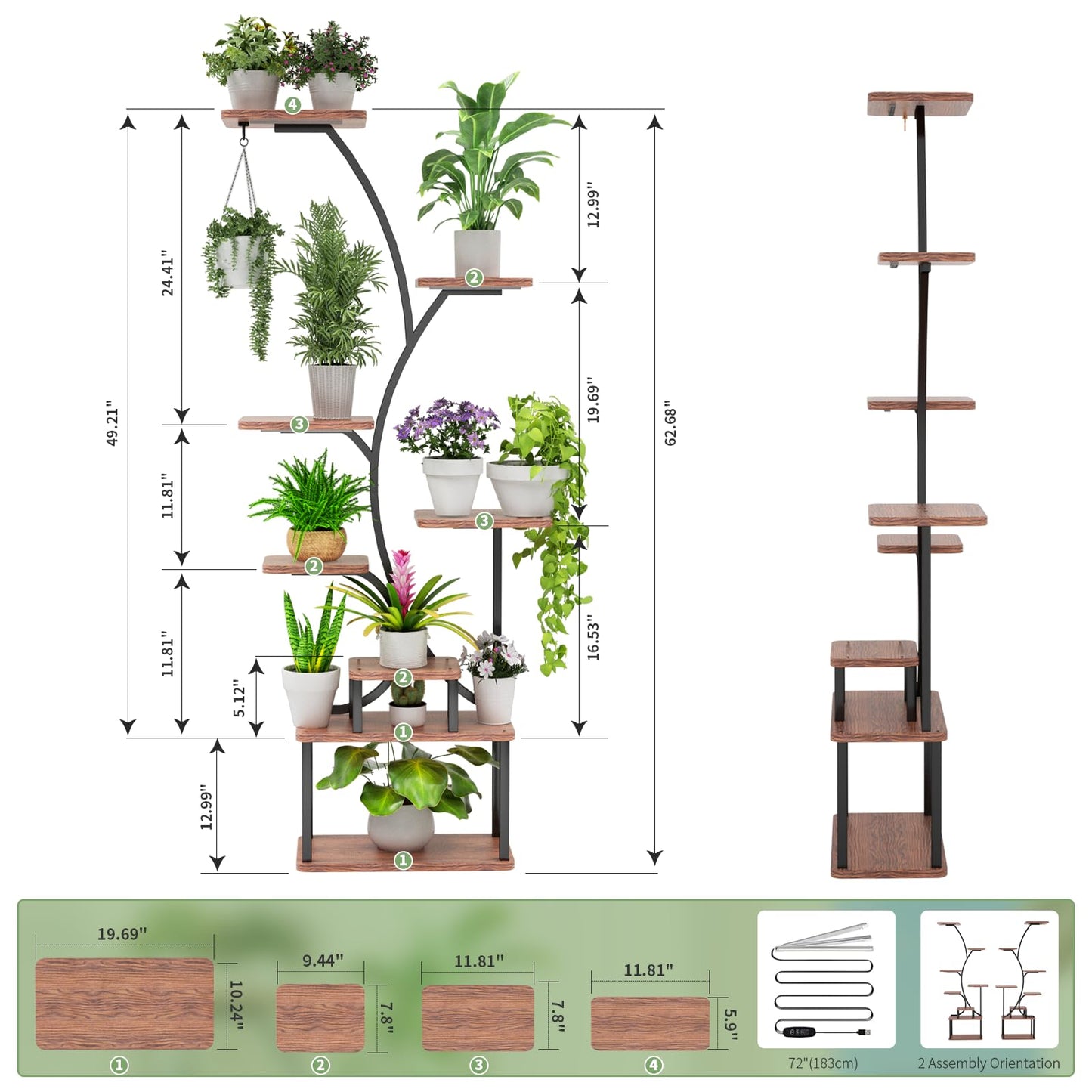 Plant Stand Indoor with Grow Lights,62" Tall 8-Tier Metal Corner Shelf,Multiple Plant Rack for Living Room,Full Spectrum LED Light for Optimal Growth-Space Saving Design,Sturdy & Easy Assembly