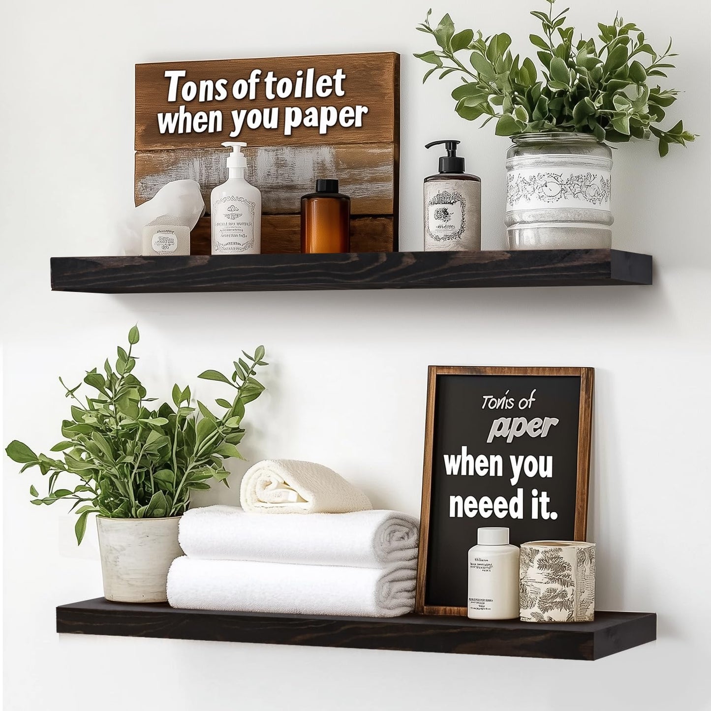 ABSWHLM 24"x6.8"x1.2" Solid Wood Floating Shelves 2-Pack - Rustic Black Finish with Hidden Brackets, Perfect for Storage and Décor in Living Room, Kitchen, Bedroom