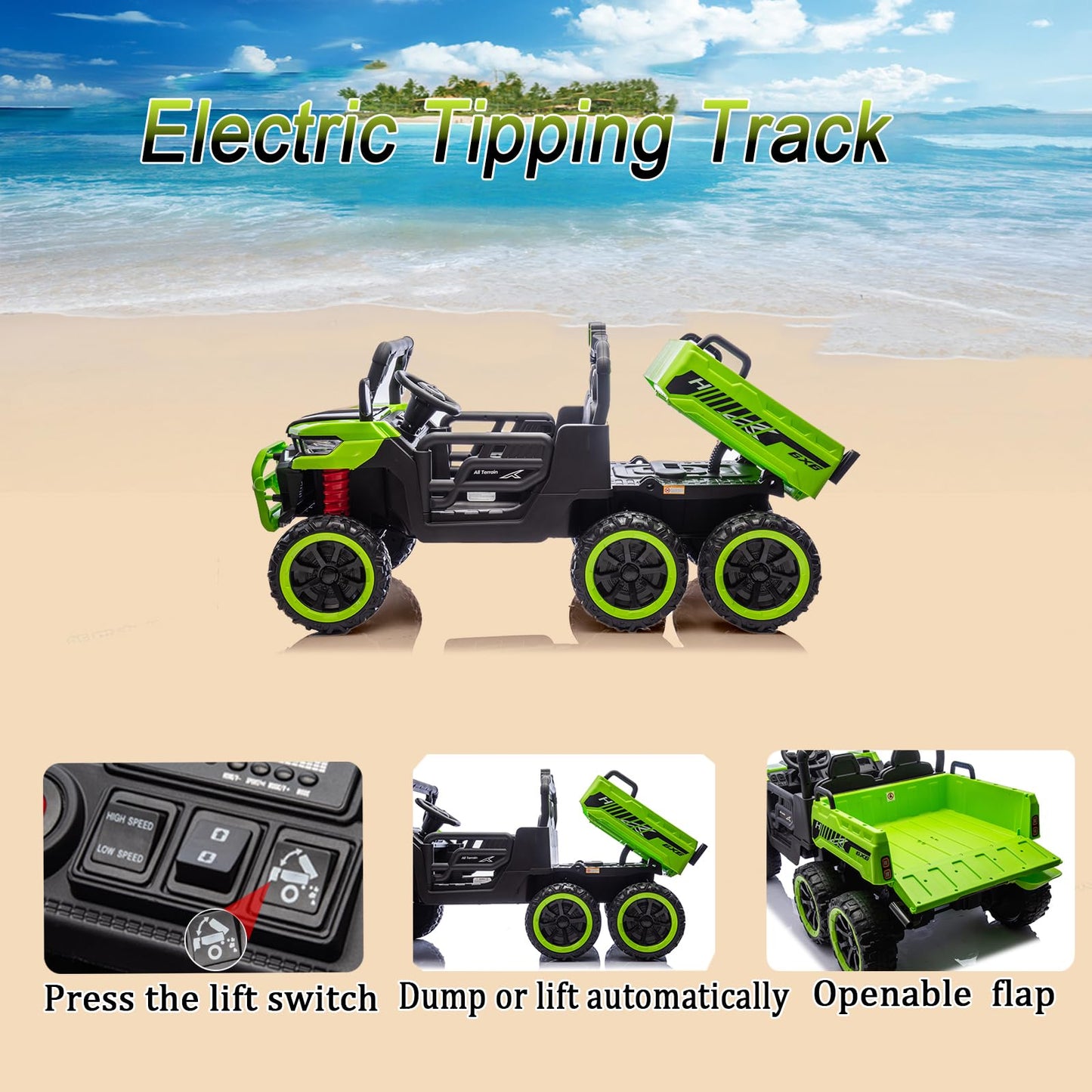 AOKOY 24V Side by Side 6 Wheel Ride On Dump Truck, 4WD Battery Powered Electric Car for Boys and Girls Outdoors with Remote Control, Bluetooth, Green